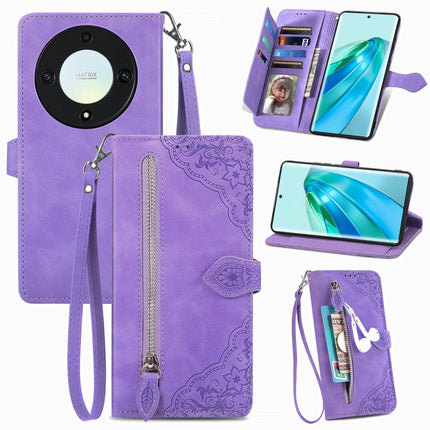 Embossed Flower Zipper Leather Phone Case, For Honor Magic5 Lite, For Honor X40, For Honor X9a