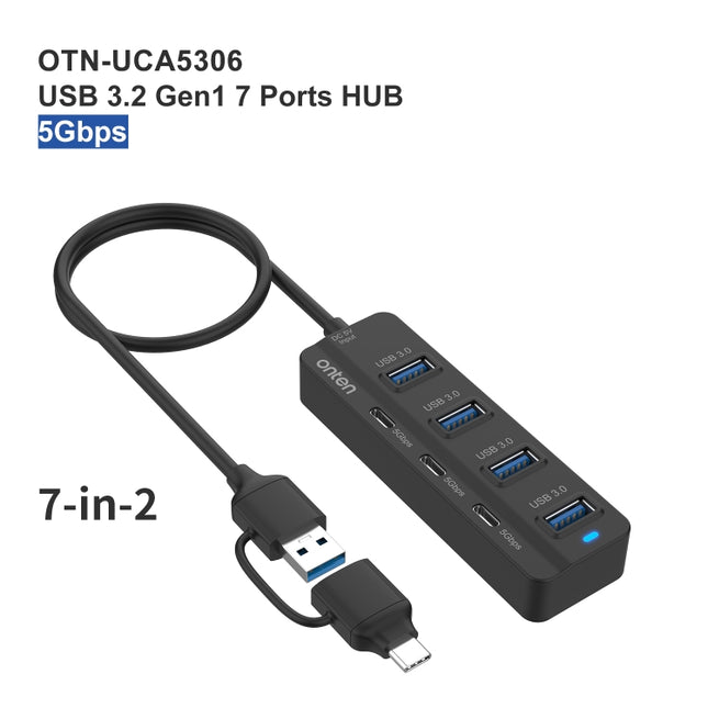 Onten UCA5306 7 in 2 USB3.0 + Type-C 7-Ports HUB Docking Station Support OTG Function, UCA5306