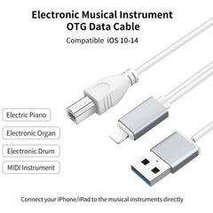 1m 8 Pin to USB + MIDI Electronic Music Instrument & OTG & Charging Multifunctional Cable Compatible with iOS 10-14, MIDI + OTG