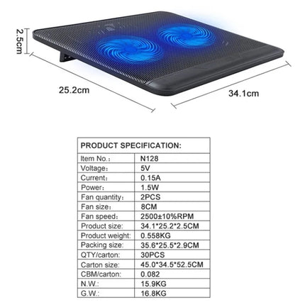 N128 Work Game Dual Fan Laptop Cooling Pad Heat Dissipation Holder with LED Light, N128
