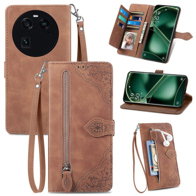 Embossed Flower Zipper Leather Phone Case, For OPPO Find X6, For Redmi Note 12 Pro 4G Global, For Redmi Note 12 4G Global, For Redmi Note 12 Turbo