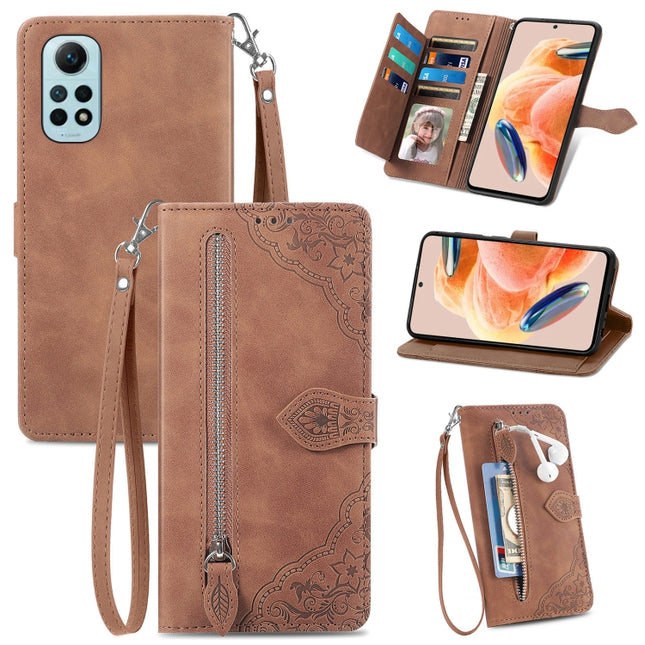 Embossed Flower Zipper Leather Phone Case, For OPPO Find X6, For Redmi Note 12 Pro 4G Global, For Redmi Note 12 4G Global, For Redmi Note 12 Turbo