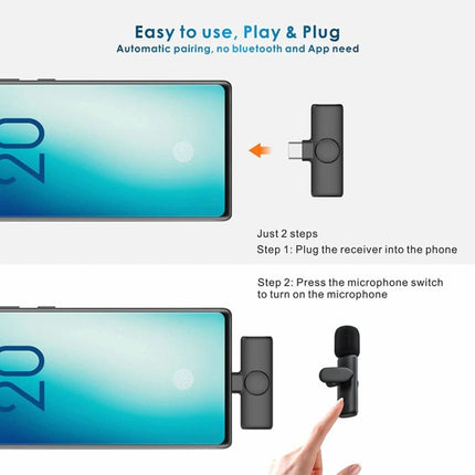 Micrófono de solapa inalámbrico para teléfono Android y computadora con receptor USB-C/Tipo-C, uno por uno, uno por dos