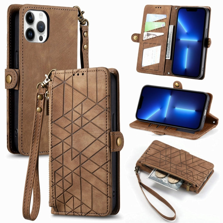 Geometrische Reißverschluss-Geldbörse mit seitlicher Schnalle aus Leder, für iPhone 13, für iPhone 13 Mini, für iPhone 12 Pro Max, für iPhone 12 / 12 Pro, für iPhone 12 Mini