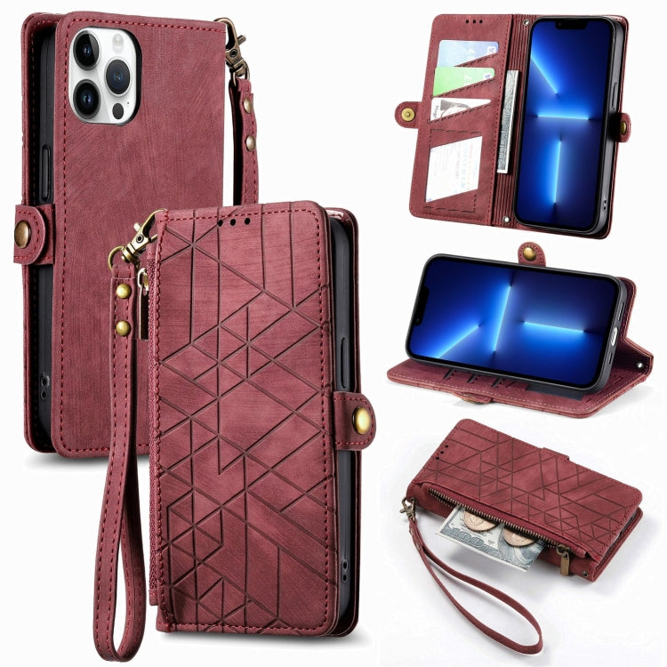 Geometrische Reißverschluss-Geldbörse mit seitlicher Schnalle aus Leder, für iPhone 13, für iPhone 13 Mini, für iPhone 12 Pro Max, für iPhone 12 / 12 Pro, für iPhone 12 Mini