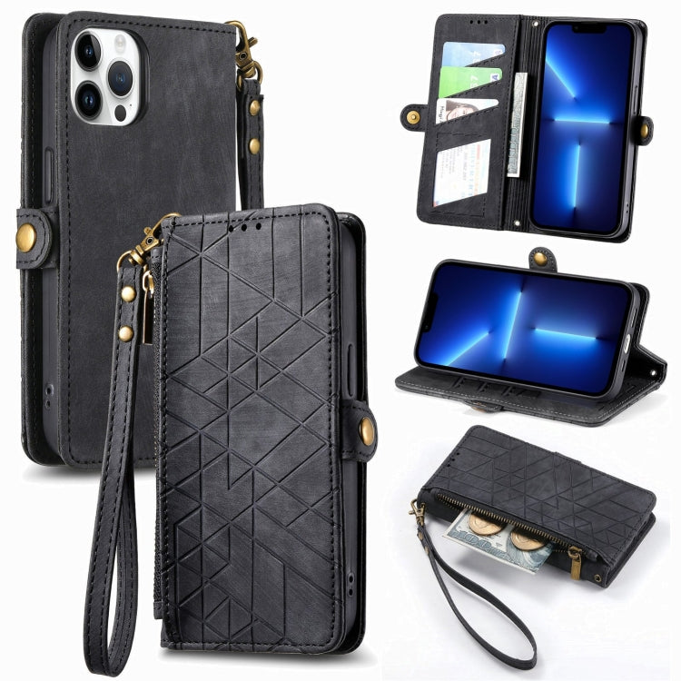 Geometrische Reißverschluss-Geldbörse mit seitlicher Schnalle aus Leder, für iPhone 13, für iPhone 13 Mini, für iPhone 12 Pro Max, für iPhone 12 / 12 Pro, für iPhone 12 Mini
