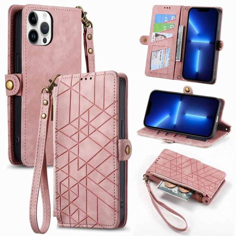 Geometrische Reißverschluss-Geldbörse mit seitlicher Schnalle aus Leder, für iPhone 13, für iPhone 13 Mini, für iPhone 12 Pro Max, für iPhone 12 / 12 Pro, für iPhone 12 Mini