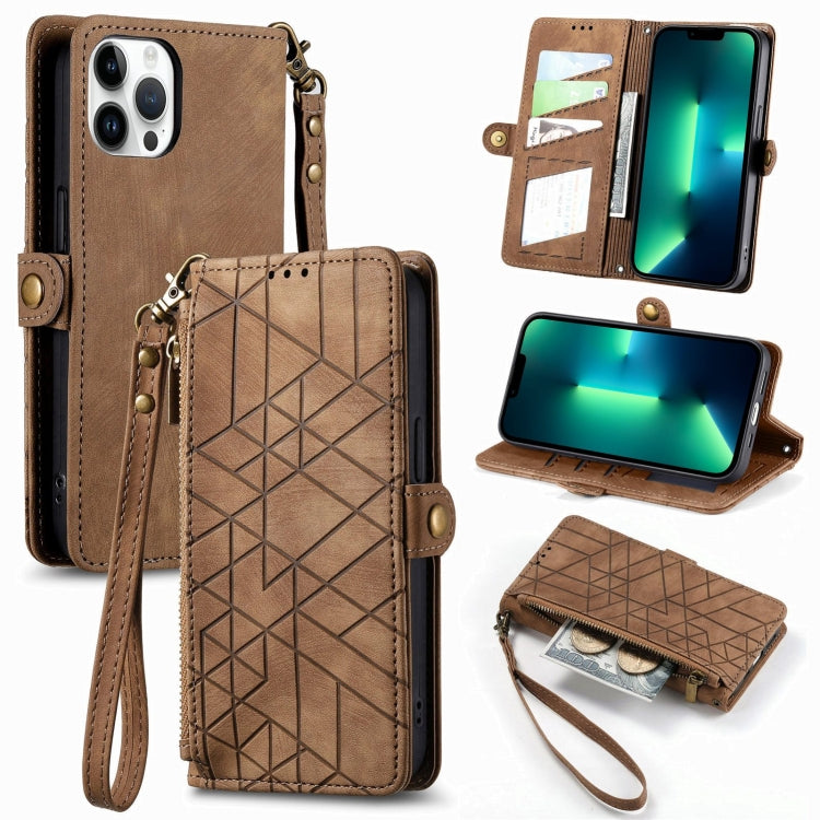 Geometrische Reißverschluss-Geldbörse mit seitlicher Schnalle aus Leder, für iPhone 13, für iPhone 13 Mini, für iPhone 12 Pro Max, für iPhone 12 / 12 Pro, für iPhone 12 Mini
