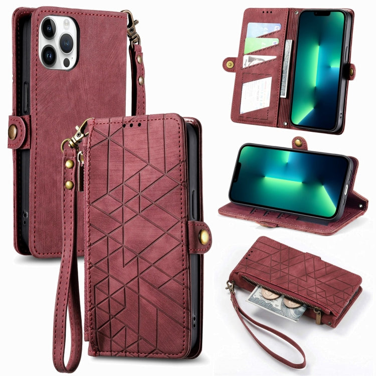 Geometrische Reißverschluss-Geldbörse mit seitlicher Schnalle aus Leder, für iPhone 13, für iPhone 13 Mini, für iPhone 12 Pro Max, für iPhone 12 / 12 Pro, für iPhone 12 Mini