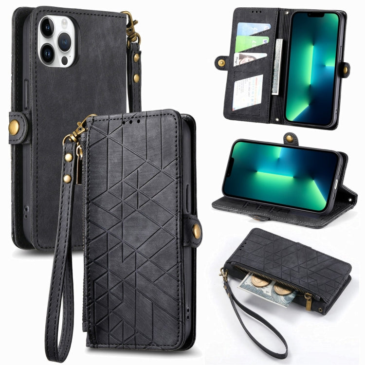 Geometrische Reißverschluss-Geldbörse mit seitlicher Schnalle aus Leder, für iPhone 13, für iPhone 13 Mini, für iPhone 12 Pro Max, für iPhone 12 / 12 Pro, für iPhone 12 Mini
