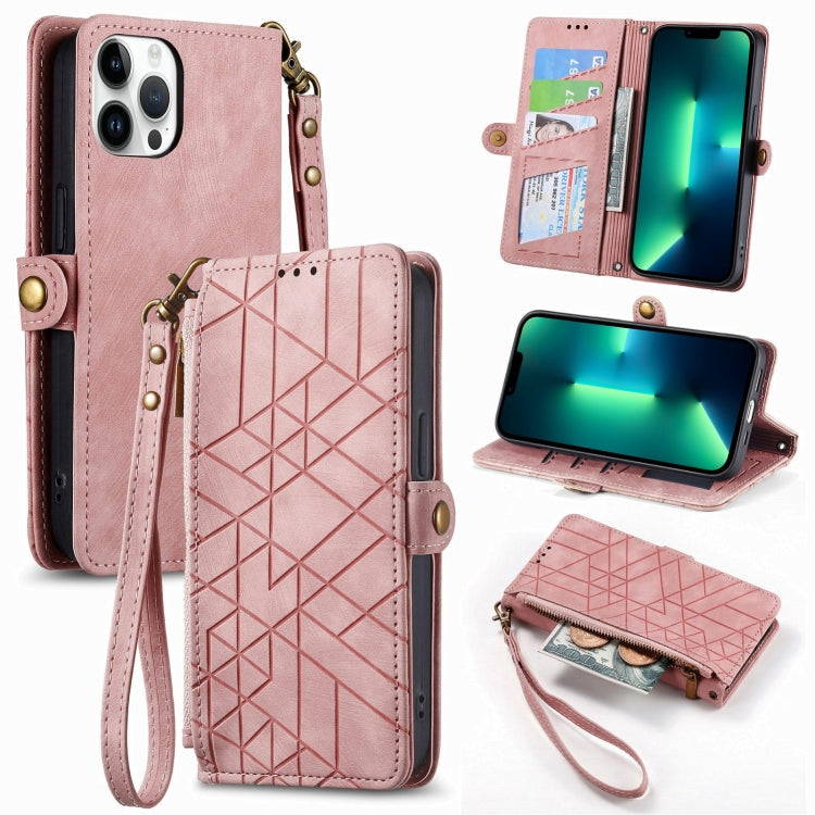 Geometrische Reißverschluss-Geldbörse mit seitlicher Schnalle aus Leder, für iPhone 13, für iPhone 13 Mini, für iPhone 12 Pro Max, für iPhone 12 / 12 Pro, für iPhone 12 Mini