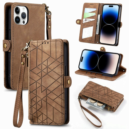 Geometrische Reißverschluss-Geldbörse mit seitlicher Schnalle aus Leder, für iPhone 15 Pro, für iPhone 15 Plus, für iPhone 15, für iPhone 14 Plus, für iPhone 14