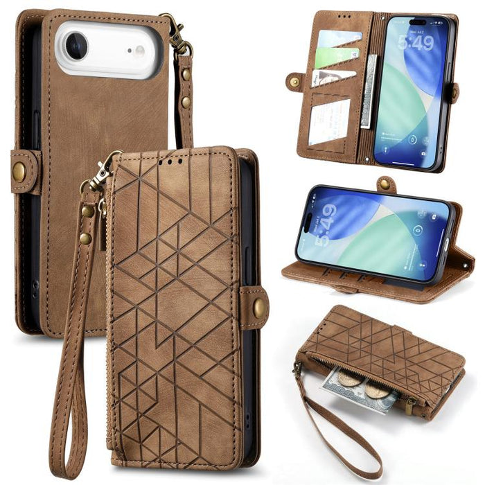 Geometric Zipper Wallet Side Buckle Leather Phone Case, For iPhone Air, For iPhone 16 Pro Max, For iPhone 16 Pro, For iPhone 16 Plus
