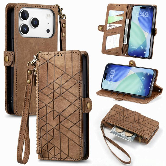 Geometric Zipper Wallet Side Buckle Leather Phone Case, For iPhone 17e / 16e, For iPhone 17 Pro Max, For iPhone 17 Pro, For iPhone 17