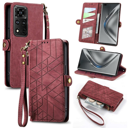 Geometric Zipper Wallet Side Buckle Leather Phone Case, For Honor V40