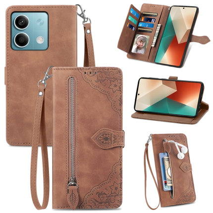 Embossed Flower Zipper Leather Phone Case, For Xiaomi Poco C65, For Xiaomi Redmi Note 13 5G, For Xiaomi Redmi Note 13 Pro+, For Xiaomi Redmi Note 13 Pro 5G