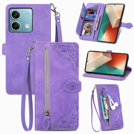 Embossed Flower Zipper Leather Phone Case, For Xiaomi Poco C65, For Xiaomi Redmi Note 13 5G, For Xiaomi Redmi Note 13 Pro+, For Xiaomi Redmi Note 13 Pro 5G