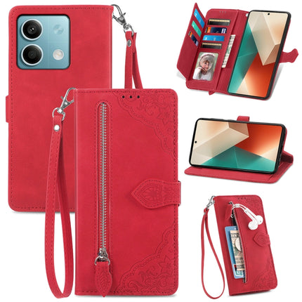 Embossed Flower Zipper Leather Phone Case, For Xiaomi Poco C65, For Xiaomi Redmi Note 13 5G, For Xiaomi Redmi Note 13 Pro+, For Xiaomi Redmi Note 13 Pro 5G
