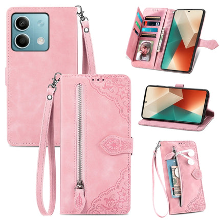 Embossed Flower Zipper Leather Phone Case, For Xiaomi Poco C65, For Xiaomi Redmi Note 13 5G, For Xiaomi Redmi Note 13 Pro+, For Xiaomi Redmi Note 13 Pro 5G