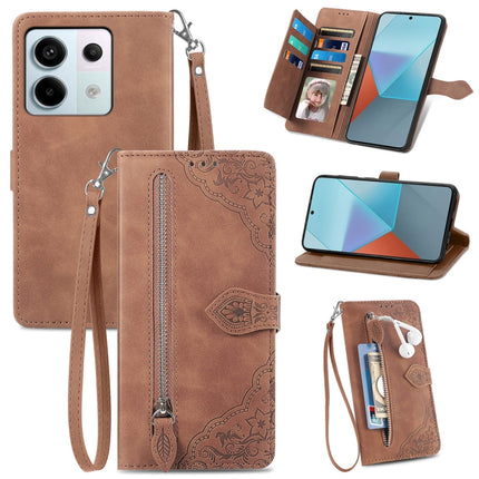 Embossed Flower Zipper Leather Phone Case, For Xiaomi Poco C65, For Xiaomi Redmi Note 13 5G, For Xiaomi Redmi Note 13 Pro+, For Xiaomi Redmi Note 13 Pro 5G