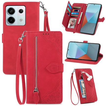 Embossed Flower Zipper Leather Phone Case, For Xiaomi Poco C65, For Xiaomi Redmi Note 13 5G, For Xiaomi Redmi Note 13 Pro+, For Xiaomi Redmi Note 13 Pro 5G