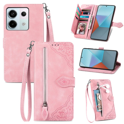 Embossed Flower Zipper Leather Phone Case, For Xiaomi Poco C65, For Xiaomi Redmi Note 13 5G, For Xiaomi Redmi Note 13 Pro+, For Xiaomi Redmi Note 13 Pro 5G