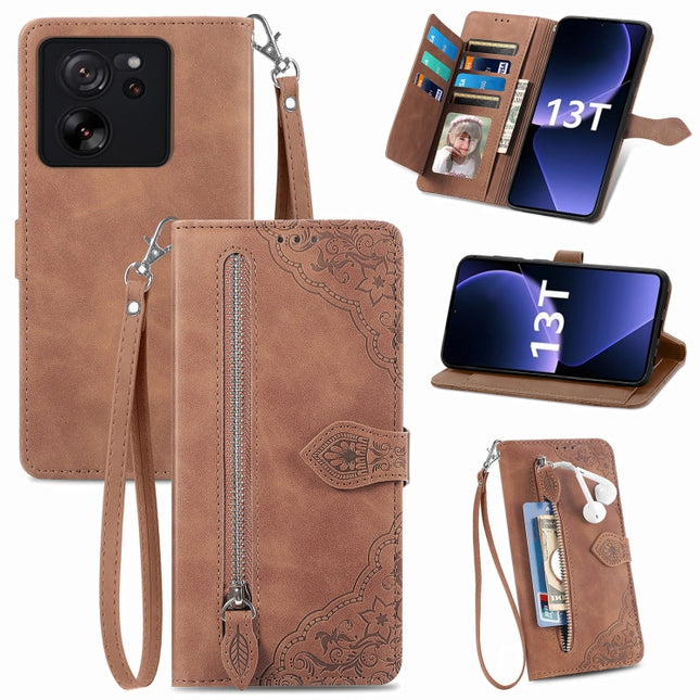 Embossed Flower Zipper Leather Phone Case, For Xiaomi Redmi K60 Ultra, For Xiaomi Redmi K70 Pro, For Xiaomi Redmi K70, For Xiaomi 13T / 13T Pro