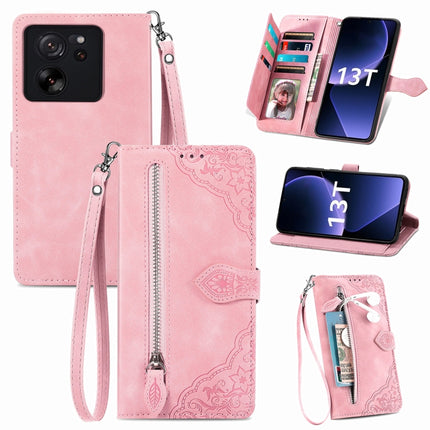 Embossed Flower Zipper Leather Phone Case, For Xiaomi Redmi K60 Ultra, For Xiaomi Redmi K70 Pro, For Xiaomi Redmi K70, For Xiaomi 13T / 13T Pro