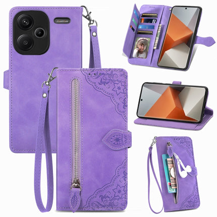 Embossed Flower Zipper Leather Phone Case, For Xiaomi Poco C65, For Xiaomi Redmi Note 13 5G, For Xiaomi Redmi Note 13 Pro+, For Xiaomi Redmi Note 13 Pro 5G