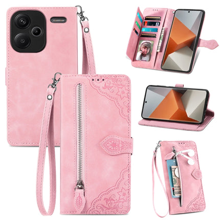 Embossed Flower Zipper Leather Phone Case, For Xiaomi Poco C65, For Xiaomi Redmi Note 13 5G, For Xiaomi Redmi Note 13 Pro+, For Xiaomi Redmi Note 13 Pro 5G