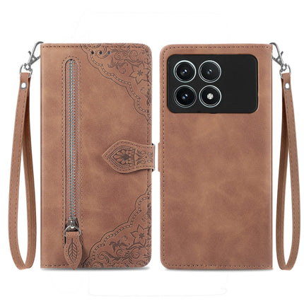 Embossed Flower Zipper Leather Phone Case, For Xiaomi Redmi K60 Ultra, For Xiaomi Redmi K70 Pro, For Xiaomi Redmi K70, For Xiaomi 13T / 13T Pro