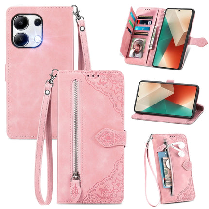 Embossed Flower Zipper Leather Phone Case, For Xiaomi Poco M6 Pro 4G, For Xiaomi Redmi Note 13 Pro 4G, For Xiaomi Redmi A3, For Xiaomi Redmi Note 13 4G