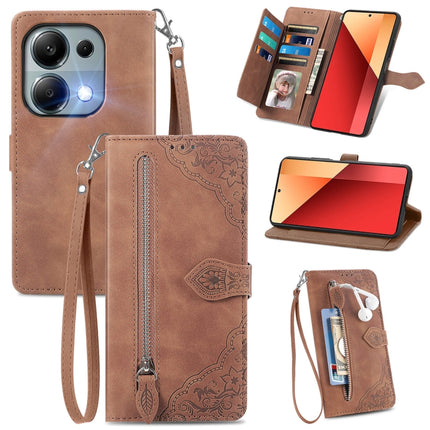 Embossed Flower Zipper Leather Phone Case, For Xiaomi Poco M6 Pro 4G, For Xiaomi Redmi Note 13 Pro 4G, For Xiaomi Redmi A3, For Xiaomi Redmi Note 13 4G