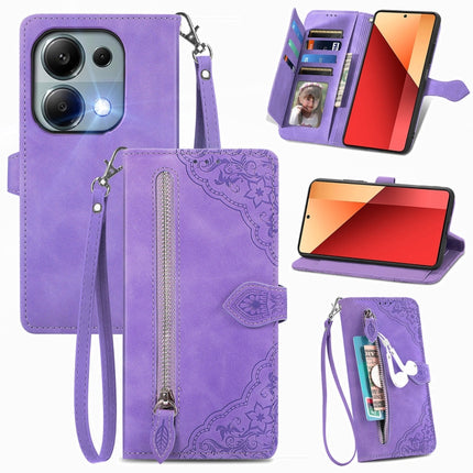 Embossed Flower Zipper Leather Phone Case, For Xiaomi Poco M6 Pro 4G, For Xiaomi Redmi Note 13 Pro 4G, For Xiaomi Redmi A3, For Xiaomi Redmi Note 13 4G