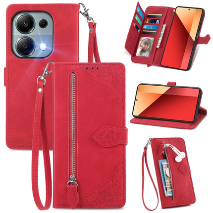 Embossed Flower Zipper Leather Phone Case, For Xiaomi Poco M6 Pro 4G, For Xiaomi Redmi Note 13 Pro 4G, For Xiaomi Redmi A3, For Xiaomi Redmi Note 13 4G