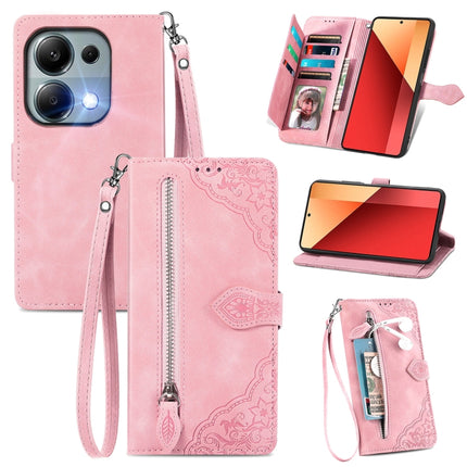 Embossed Flower Zipper Leather Phone Case, For Xiaomi Poco M6 Pro 4G, For Xiaomi Redmi Note 13 Pro 4G, For Xiaomi Redmi A3, For Xiaomi Redmi Note 13 4G
