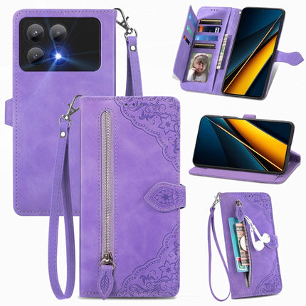 Embossed Flower Zipper Leather Phone Case, For Xiaomi Redmi 13C 5G, For Xiaomi Redmi K70E, For Xiaomi Poco X6 Pro, For Xiaomi  14 Ultra