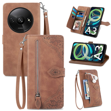Embossed Flower Zipper Leather Phone Case, For Xiaomi Poco M6 Pro 4G, For Xiaomi Redmi Note 13 Pro 4G, For Xiaomi Redmi A3, For Xiaomi Redmi Note 13 4G