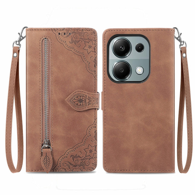 Embossed Flower Zipper Leather Phone Case, For Xiaomi Poco M6 Pro 4G, For Xiaomi Redmi Note 13 Pro 4G, For Xiaomi Redmi A3, For Xiaomi Redmi Note 13 4G