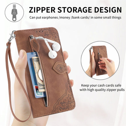 Embossed Flower Zipper Leather Phone Case, For Xiaomi Poco M6 Pro 4G, For Xiaomi Redmi Note 13 Pro 4G, For Xiaomi Redmi A3, For Xiaomi Redmi Note 13 4G