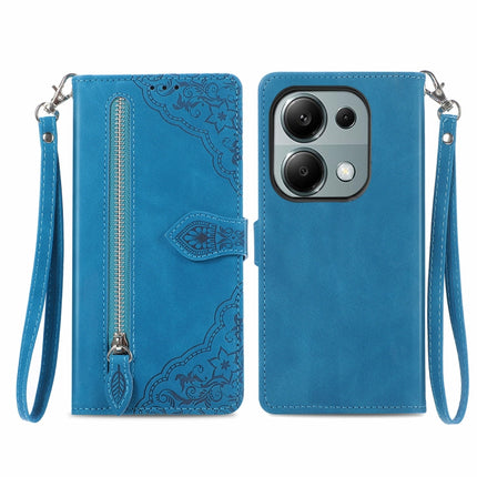 Embossed Flower Zipper Leather Phone Case, For Xiaomi Poco M6 Pro 4G, For Xiaomi Redmi Note 13 Pro 4G, For Xiaomi Redmi A3, For Xiaomi Redmi Note 13 4G