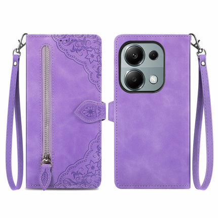 Embossed Flower Zipper Leather Phone Case, For Xiaomi Poco M6 Pro 4G, For Xiaomi Redmi Note 13 Pro 4G, For Xiaomi Redmi A3, For Xiaomi Redmi Note 13 4G