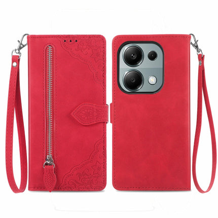 Embossed Flower Zipper Leather Phone Case, For Xiaomi Poco M6 Pro 4G, For Xiaomi Redmi Note 13 Pro 4G, For Xiaomi Redmi A3, For Xiaomi Redmi Note 13 4G