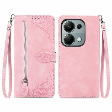 Embossed Flower Zipper Leather Phone Case, For Xiaomi Poco M6 Pro 4G, For Xiaomi Redmi Note 13 Pro 4G, For Xiaomi Redmi A3, For Xiaomi Redmi Note 13 4G