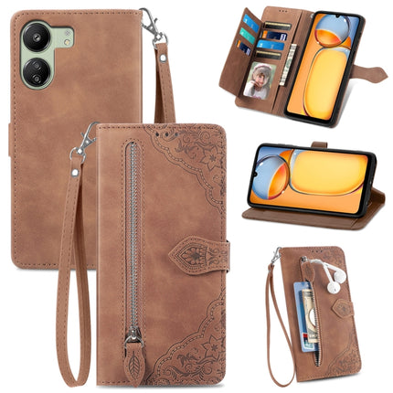 Embossed Flower Zipper Leather Phone Case, For Xiaomi Poco C65, For Xiaomi Redmi Note 13 5G, For Xiaomi Redmi Note 13 Pro+, For Xiaomi Redmi Note 13 Pro 5G