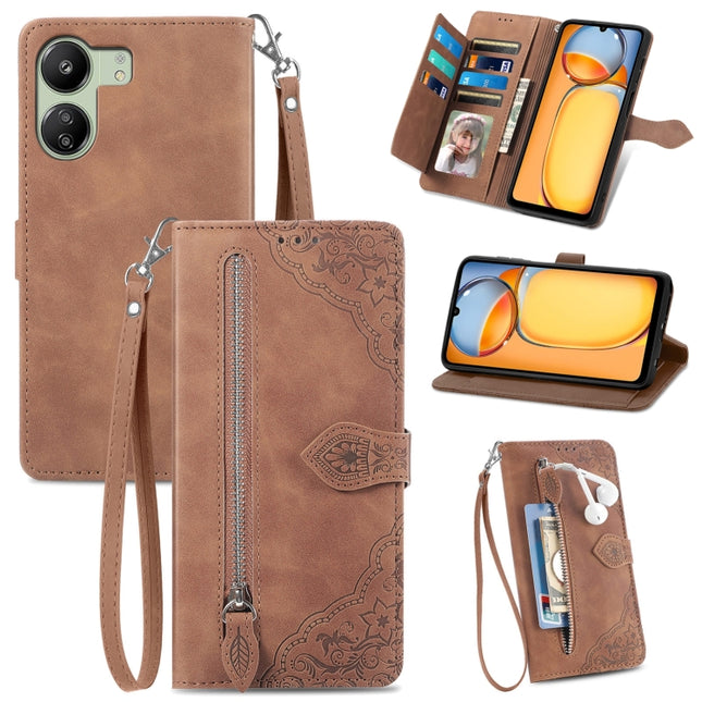 Embossed Flower Zipper Leather Phone Case, For Xiaomi Poco C65, For Xiaomi Redmi Note 13 5G, For Xiaomi Redmi Note 13 Pro+, For Xiaomi Redmi Note 13 Pro 5G