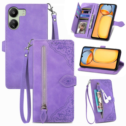 Embossed Flower Zipper Leather Phone Case, For Xiaomi Poco C65, For Xiaomi Redmi Note 13 5G, For Xiaomi Redmi Note 13 Pro+, For Xiaomi Redmi Note 13 Pro 5G