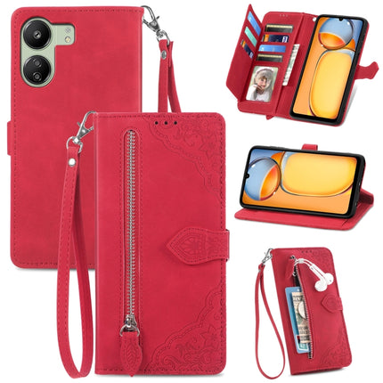 Embossed Flower Zipper Leather Phone Case, For Xiaomi Poco C65, For Xiaomi Redmi Note 13 5G, For Xiaomi Redmi Note 13 Pro+, For Xiaomi Redmi Note 13 Pro 5G
