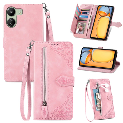 Embossed Flower Zipper Leather Phone Case, For Xiaomi Poco C65, For Xiaomi Redmi Note 13 5G, For Xiaomi Redmi Note 13 Pro+, For Xiaomi Redmi Note 13 Pro 5G
