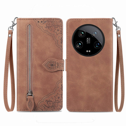 Embossed Flower Zipper Leather Phone Case, For Xiaomi Redmi 13C 5G, For Xiaomi Redmi K70E, For Xiaomi Poco X6 Pro, For Xiaomi  14 Ultra